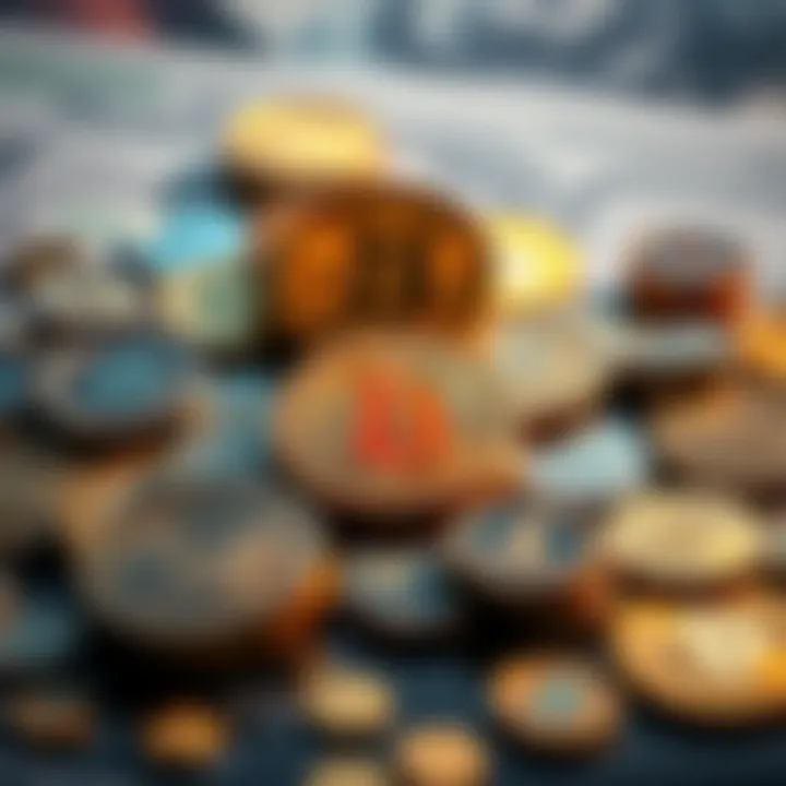A mix of traditional coins and cryptocurrency symbols on a table reflecting financial stability during uncertain times.