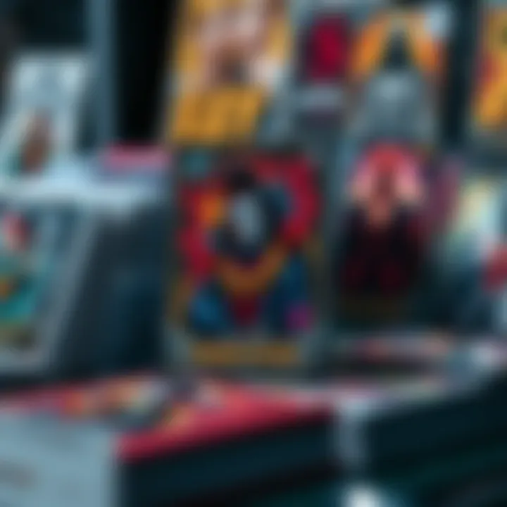 A close-up of a unique collectible card on display next to other cards, showcasing its vibrant colors and detailed design.