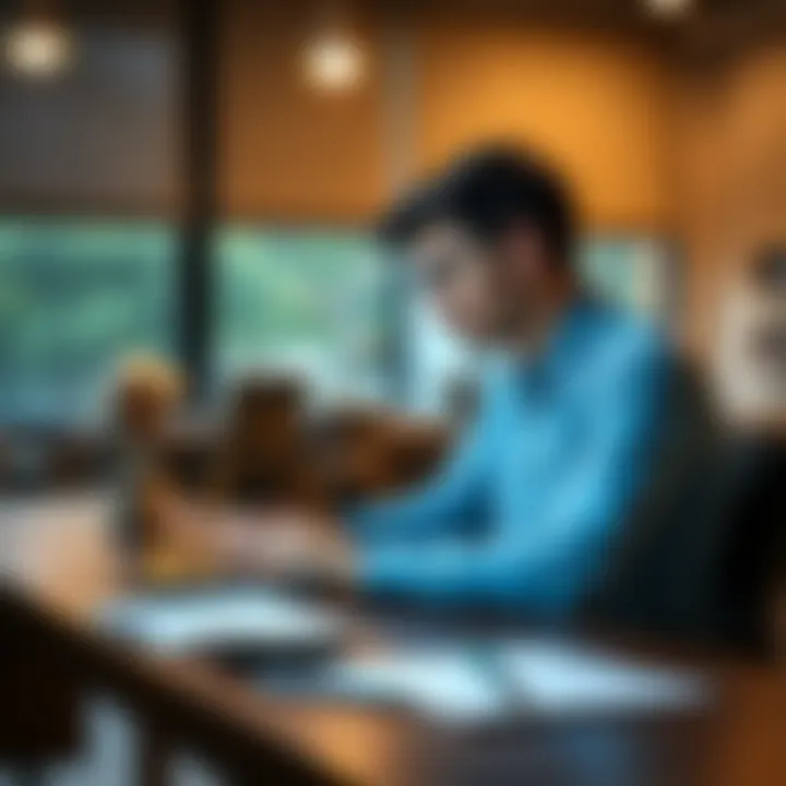A college student sitting at a desk looking at a laptop, analyzing different cryptocurrency options with a notebook and calculator nearby.