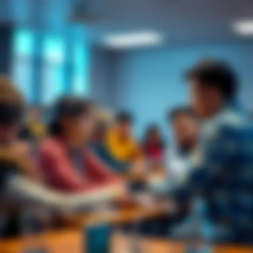 Students in a classroom learning about blockchain technology with a professor at a university