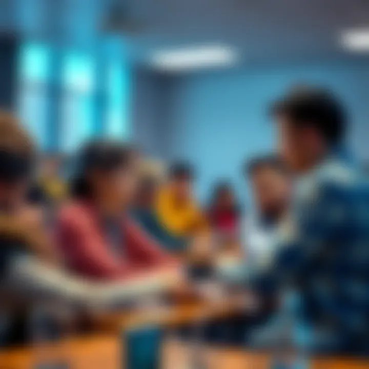 Students in a classroom learning about blockchain technology with a professor at a university
