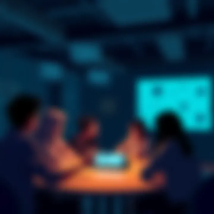 A group of people gathered around a tablet discussing engagement topics, with speech bubbles indicating conversation about Monero.