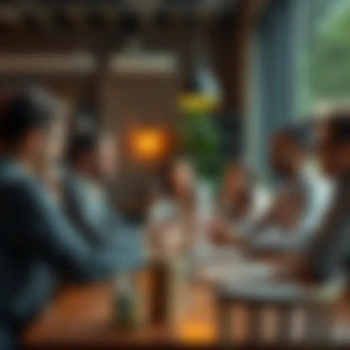 A group of people chatting around a table, sharing advice and support in a friendly atmosphere.