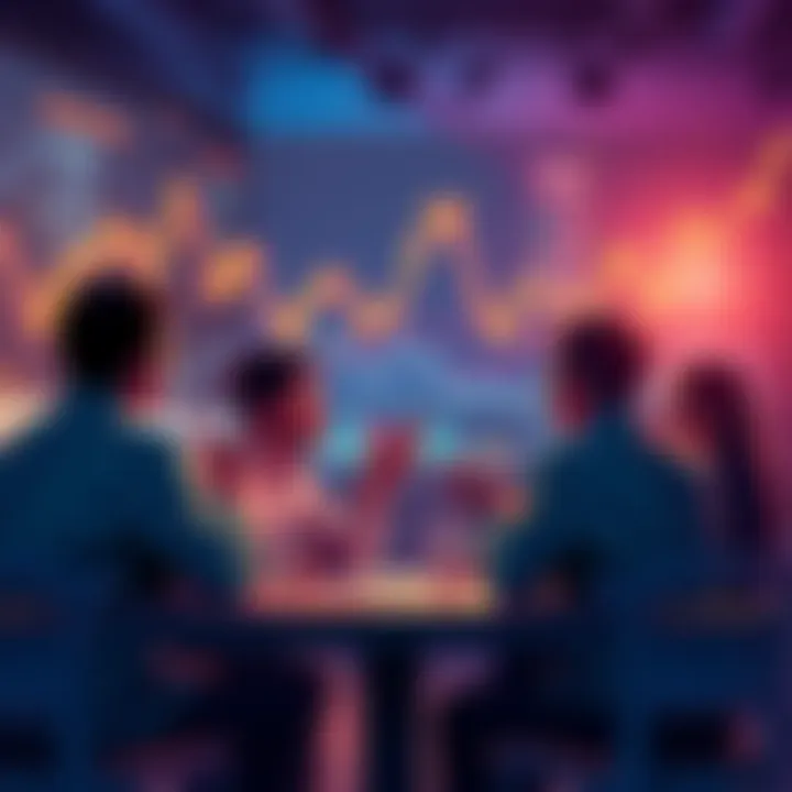 A group of people discussing Stellar (XLM) and its market future with charts and graphs in the background.