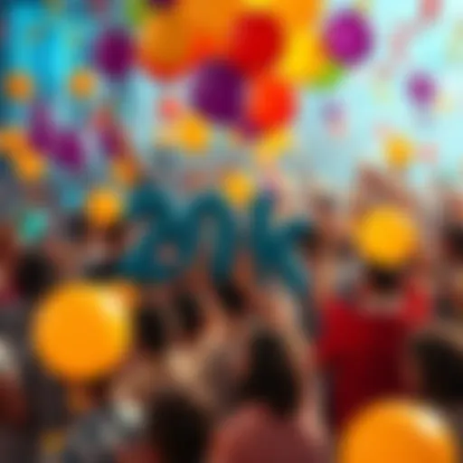 A lively gathering of community members celebrating the achievement of 20,000 members with balloons and banners.