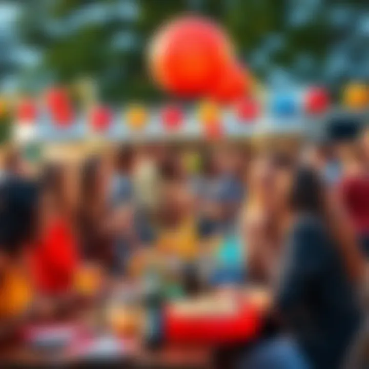 A lively outdoor party scene with people enjoying food, games, and music, all smiling and celebrating together.