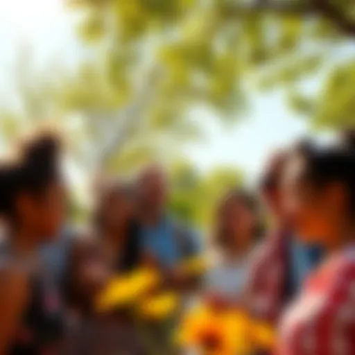 People enjoying a sunny day together, smiling and embracing a positive atmosphere despite challenges, with a backdrop of vibrant flowers and green trees.