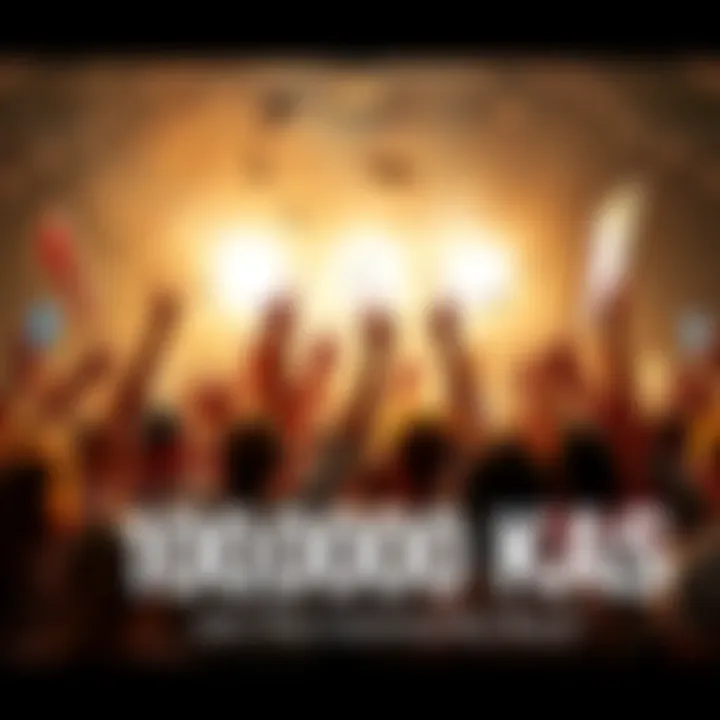 A group of excited people celebrating the achievement of 100,000 KAS, holding banners and cheering together at a gathering.