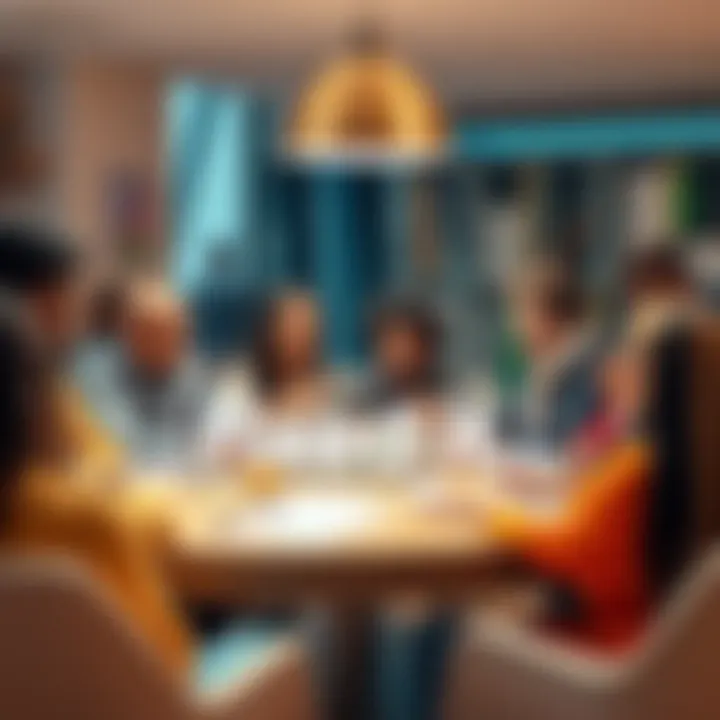 A diverse group of people brainstorming solutions at a round table, showcasing teamwork and creativity.