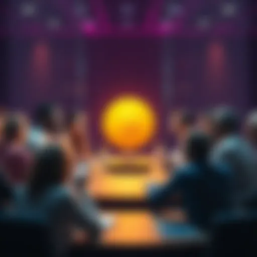 A group of diverse people discussing cryptocurrency around a table, with a digital coin symbol in the center, representing community collaboration.