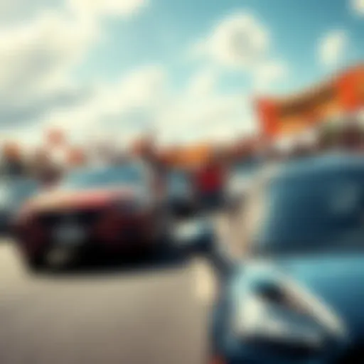 A vibrant car scene showing enthusiastic people celebrating $POWSCHE with cars and banners, highlighting community spirit and financial freedom.