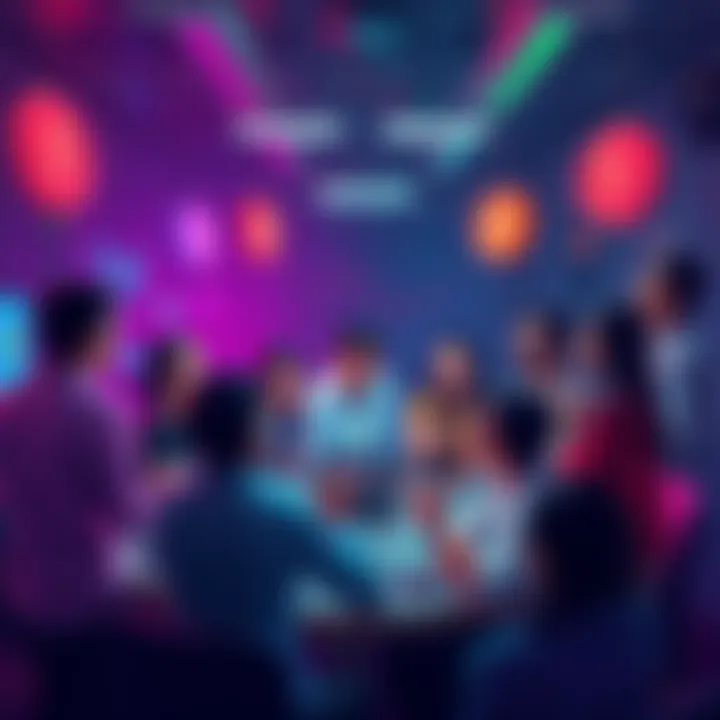 A vibrant community gathering online, showing support for $POWSCHE amidst market fluctuations. People are discussing and sharing ideas excitedly.