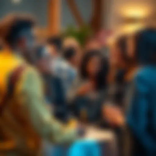 A diverse group of people engaged in conversation at a community event, showcasing various identities and relationships.