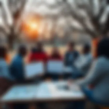 A group of people discussing migration plans in a park, with a calendar and maps on a table.