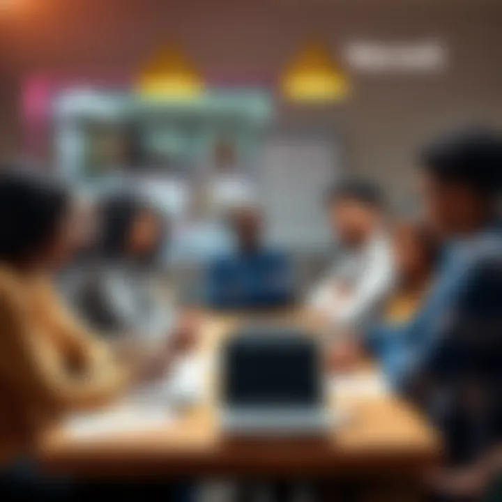 A group of diverse people gathered around a table discussing investment strategies for neighborhood buyouts, with papers and a laptop in front of them.