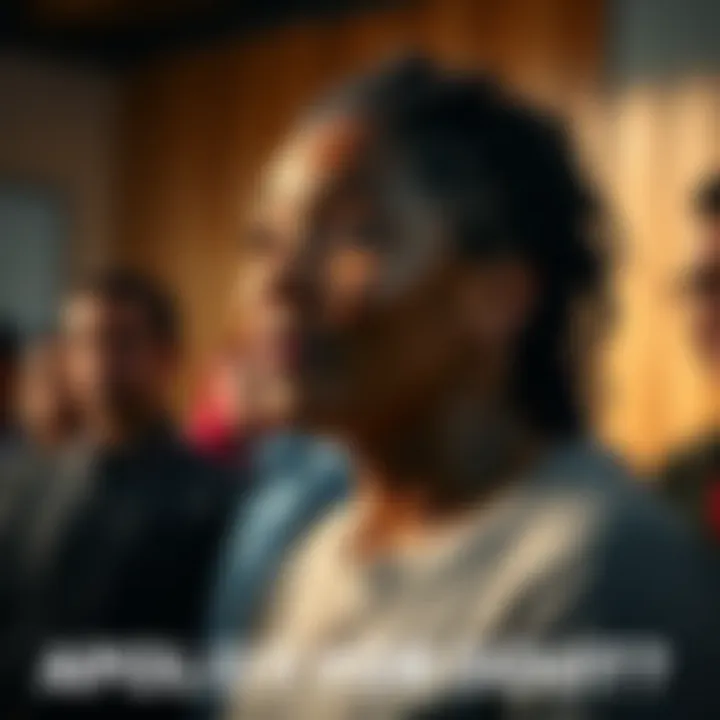 A community member stands in front of a group, expressing a heartfelt apology with a sincere expression on their face, fostering a sense of connection and change.