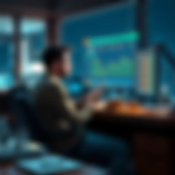 A person sits at a desk, counting cash while looking at a screen showing Dogecoin prices, reflecting on financial struggles and community support.