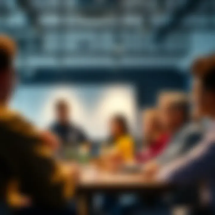 A group of diverse community members participating in a panel discussion, expressing a mix of curiosity and concern about future gains.