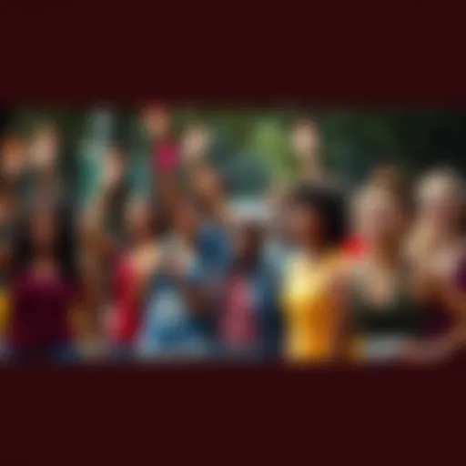 A group of diverse people coming together in a park, showing enthusiasm and support for a community challenge.