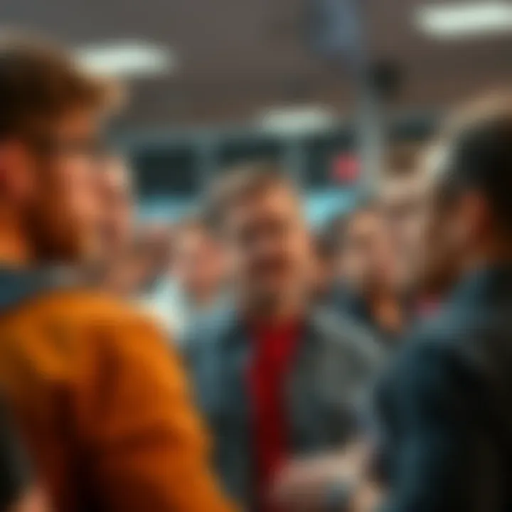 Group of people discussing Steve's minimal punishment in a public setting, showing expressions of frustration and concern