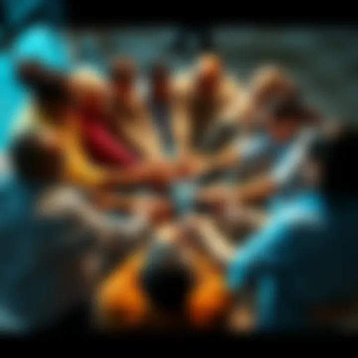 A group of diverse people joining hands in a circle, symbolizing unity and support in the community
