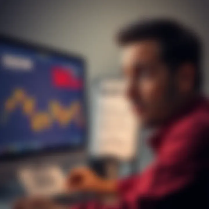 An investor looks worried while staring at a computer screen showing Dogecoin prices. Empty rent notice in the background emphasizes his financial struggles.