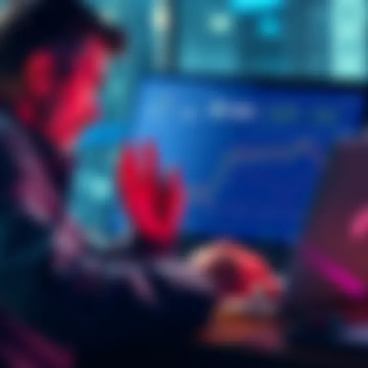 A worried investor looking at Theta token charts on a laptop, showcasing declining values and market struggles.