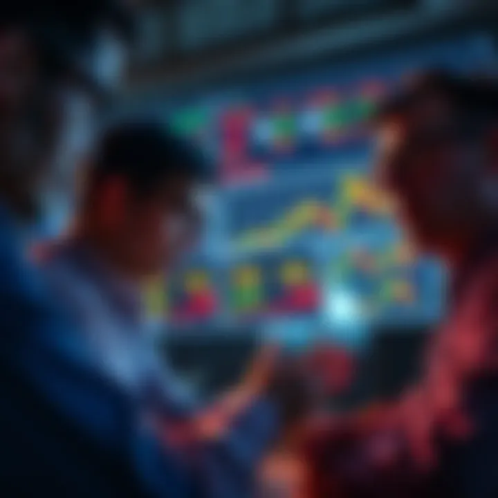 A group of concerned investors analyzing market trends and charts, reflecting on their asset decisions since 2021.