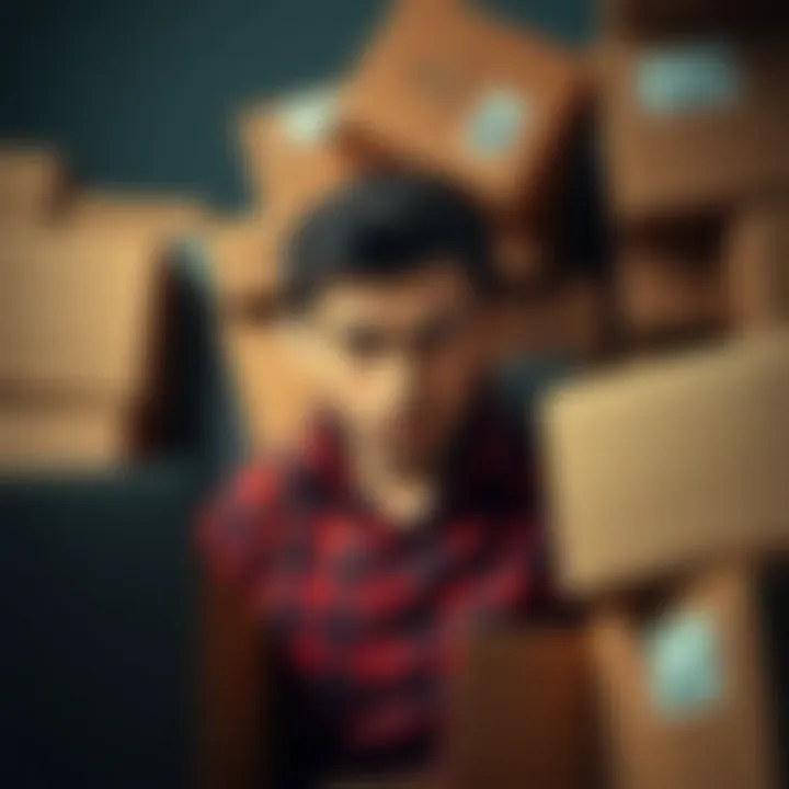 A person looks confused surrounded by cardboard boxes, symbolizing misfortune with deliveries.