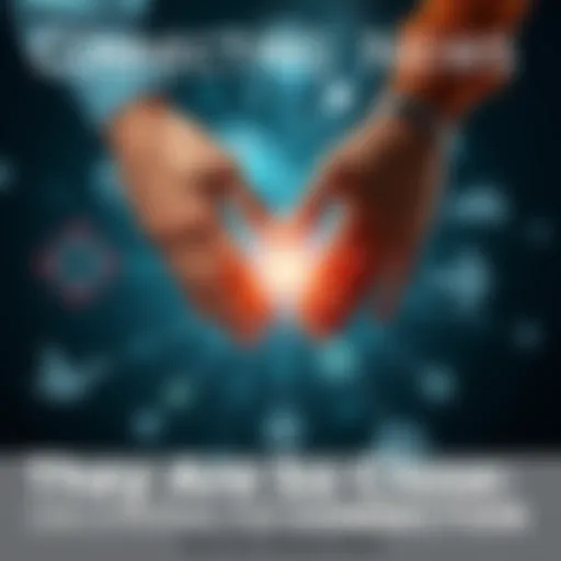 A visual representation of links between various current events and their societal impacts, showing hands joining together with symbols of different aspects of life like technology, community, and environment.