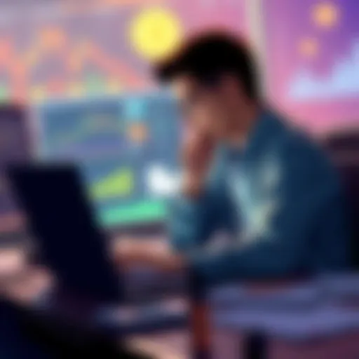 A person sitting at a desk looking at a laptop, deep in thought about cryptocurrency and potential bans on off-ramps, surrounded by charts and crypto symbols.
