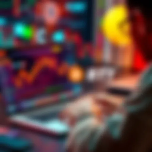 A person using a GUI wallet to sell XMR for BTC on a laptop, with cryptocurrency visuals in the background.