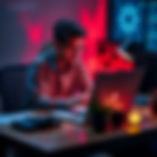 A person sitting at a desk with a laptop, focusing on converting a WIF private key to a secret key for an XRP wallet, with digital finance elements around.