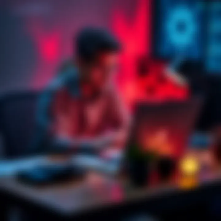 A person sitting at a desk with a laptop, focusing on converting a WIF private key to a secret key for an XRP wallet, with digital finance elements around.