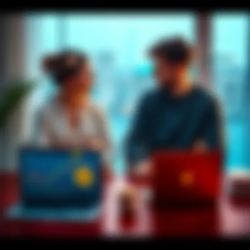 A newly married couple sits at a table, discussing their financial matters, with a laptop showing Bitcoin charts open in front of them.
