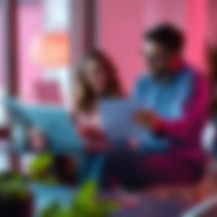A couple sitting at a table with a laptop and financial documents, discussing their joint account options with Revolut.