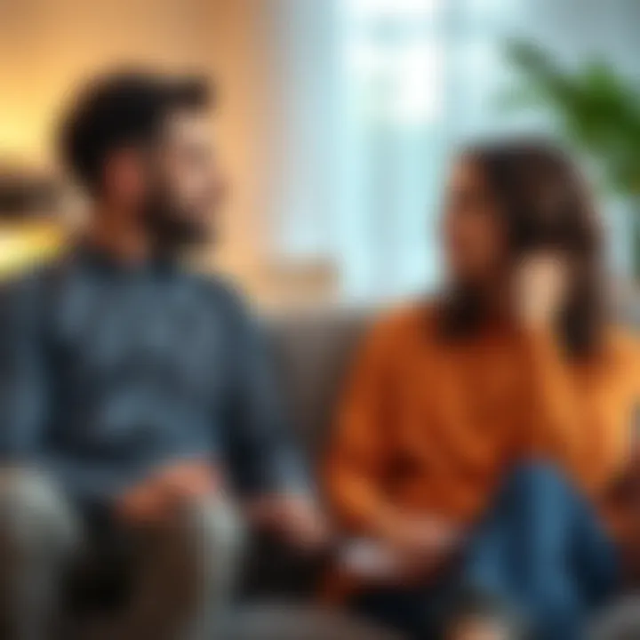 A couple sitting on a couch, looking concerned as they discuss trust issues in their relationship, with one partner looking upset and the other trying to reassure them.