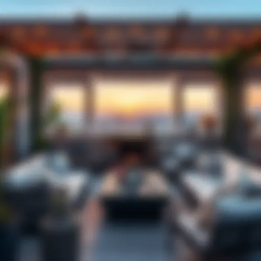 A stylish outdoor space with comfortable seating, plants, and soft lighting, transformed into a cozy retreat.