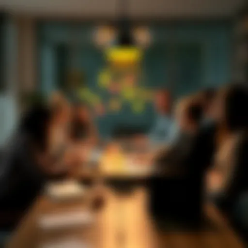 A diverse group of people brainstorming and sharing ideas around a table with sticky notes and laptops.