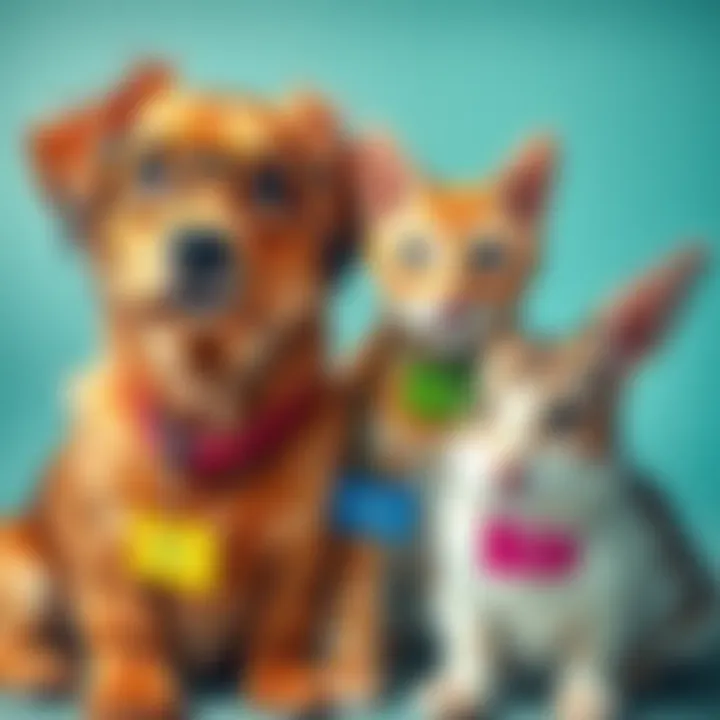 A variety of pets including a dog, cat, and rabbit with colorful name tags around their necks, showcasing unique names.