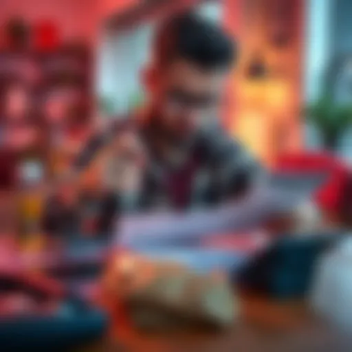 A worried cardholder looking at their credit card statement with a calculator and notes on the table, showing frustration over unexpected charges.