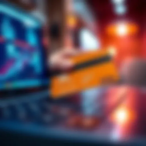 A close-up of a credit card being used for an online transaction with a digital device in the background.