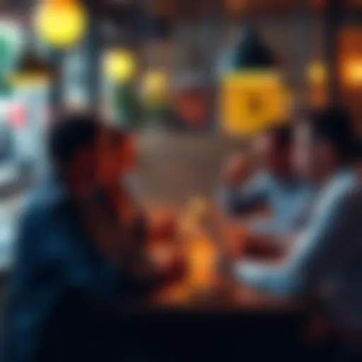 A group of people in a cafe debating about Bitcoin, with laptops and phones visible.
