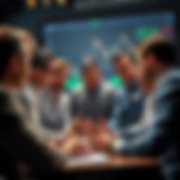 A group of people engaging in a heated discussion about recent market events, with charts and graphs visible in the background.