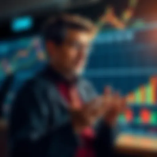 An individual confidently discussing CRO staking with charts and graphs showing upward trends in the background.