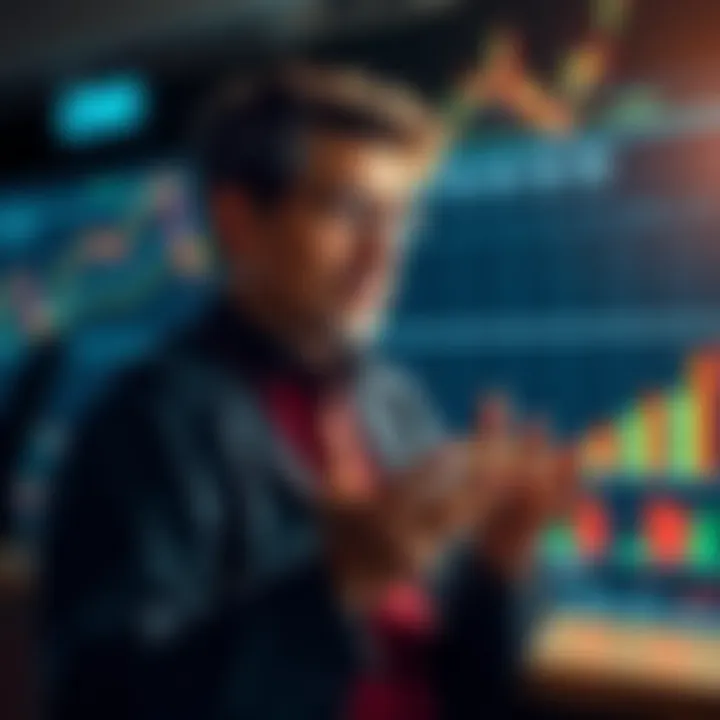 An individual confidently discussing CRO staking with charts and graphs showing upward trends in the background.