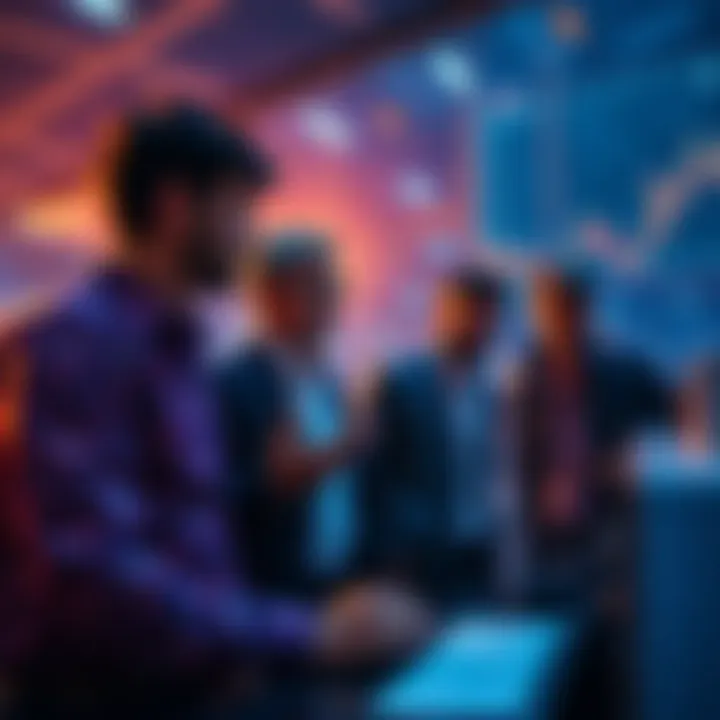 Group of investors analyzing cryptocurrency charts and discussing potential selling points for CRO