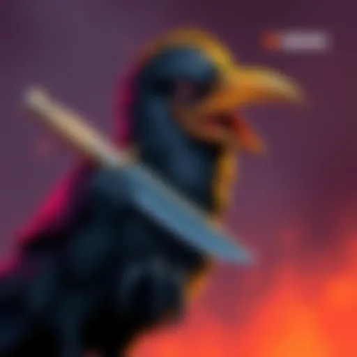 A cartoon crow gripping a knife in its beak, showcasing a humorous stance