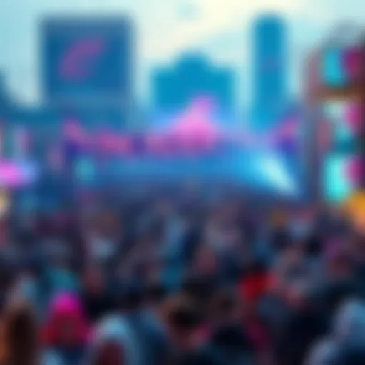 A large crowd of people gathered at a vibrant outdoor location, with excitement and anticipation in the air, signaling upcoming events.