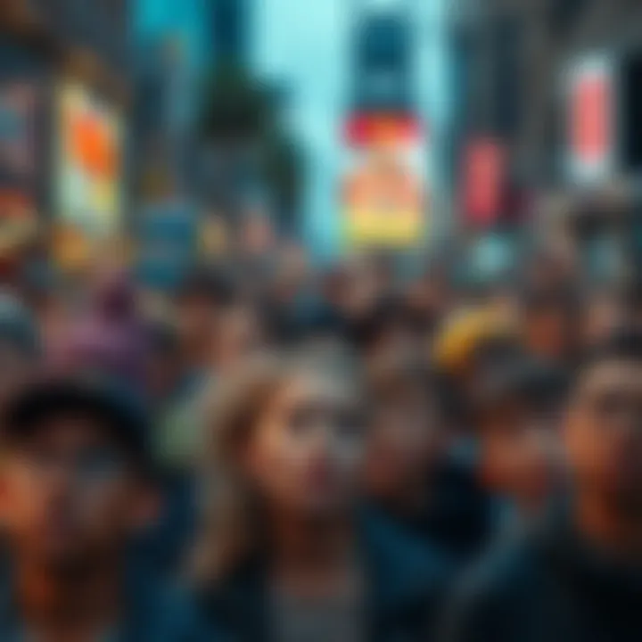 A diverse crowd looking shocked and confused at an unusual happening in the street